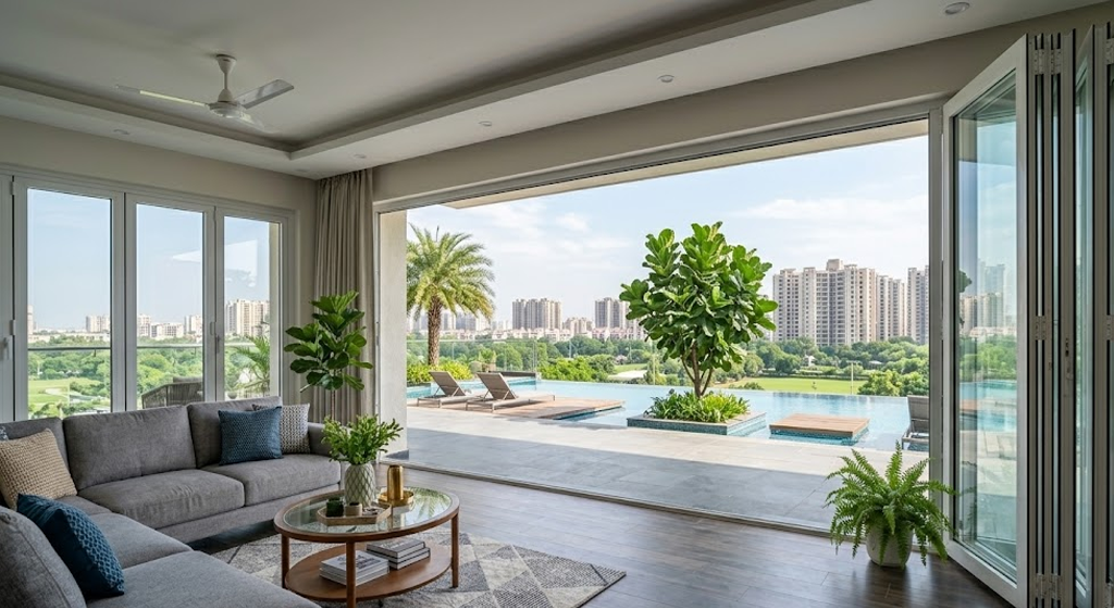 Fully opened aluminium bi-fold door system stacking panels to create a wide opening to a pool deck.