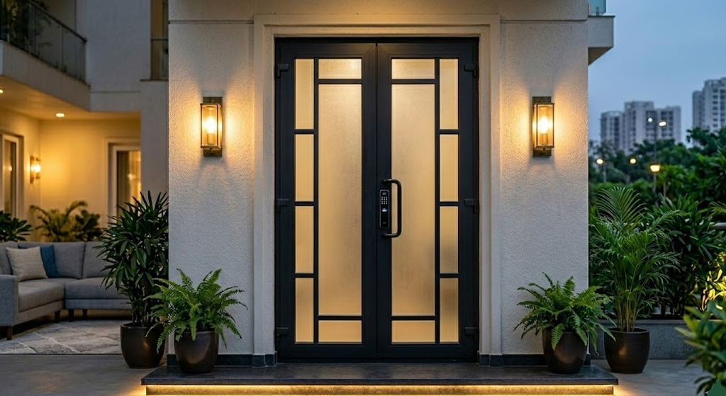Secure and stylish aluminium casement door with frosted glass and smart lock for main entrance.