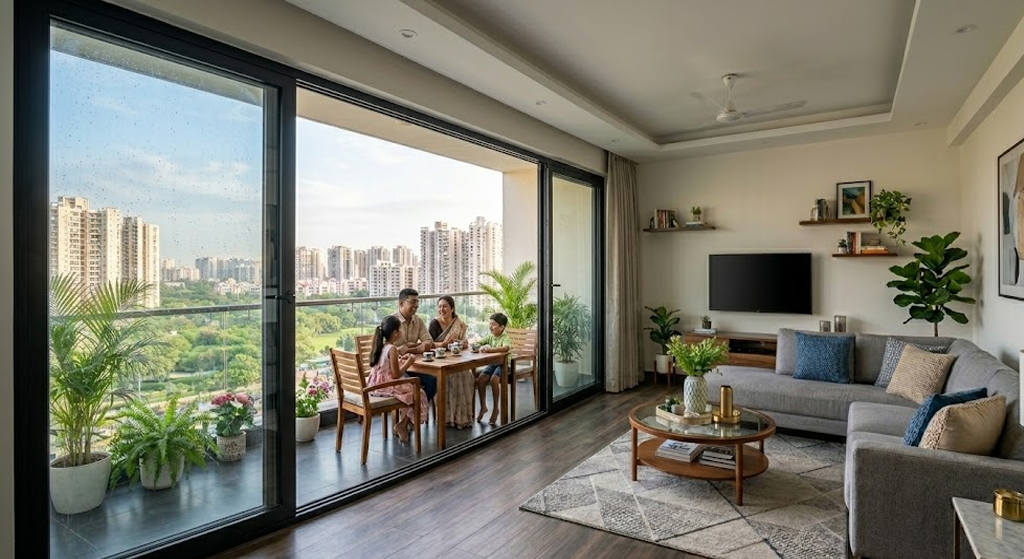 Tall aluminium sliding glass door connecting a living room to a balcony with a sleek black frame.