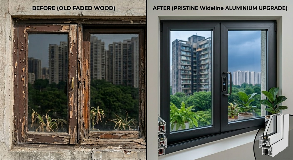 Comparison between an old rotting wooden window and a durable, sleek Wideline aluminium window frame.